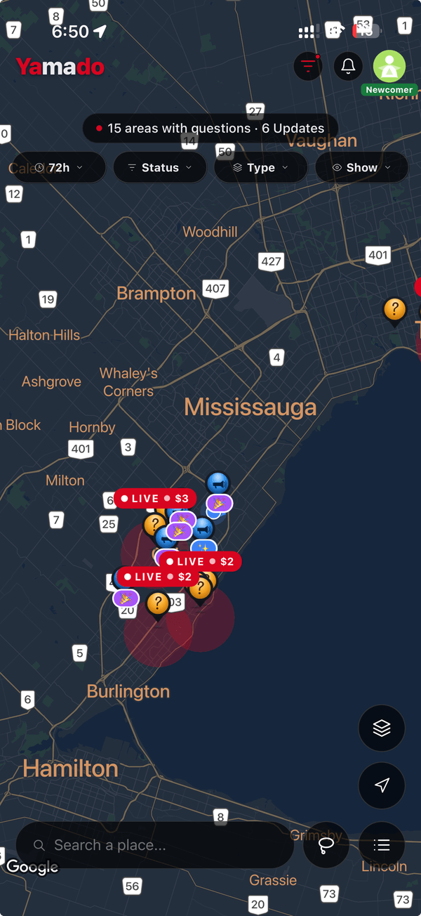 Yamado live map with local questions and rewards near Mississauga and Oakville